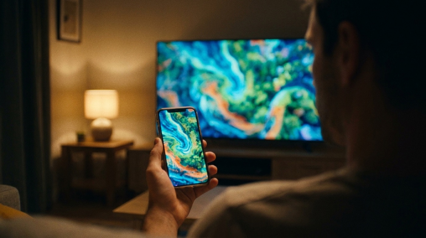 Persoon cast een video vanaf de telefoon naar een grote tv in een donkere woonkamer