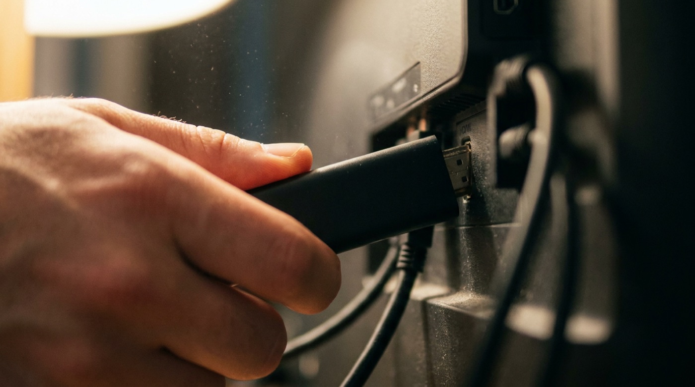 Hand steekt streaming stick in de HDMI-poort van een tv