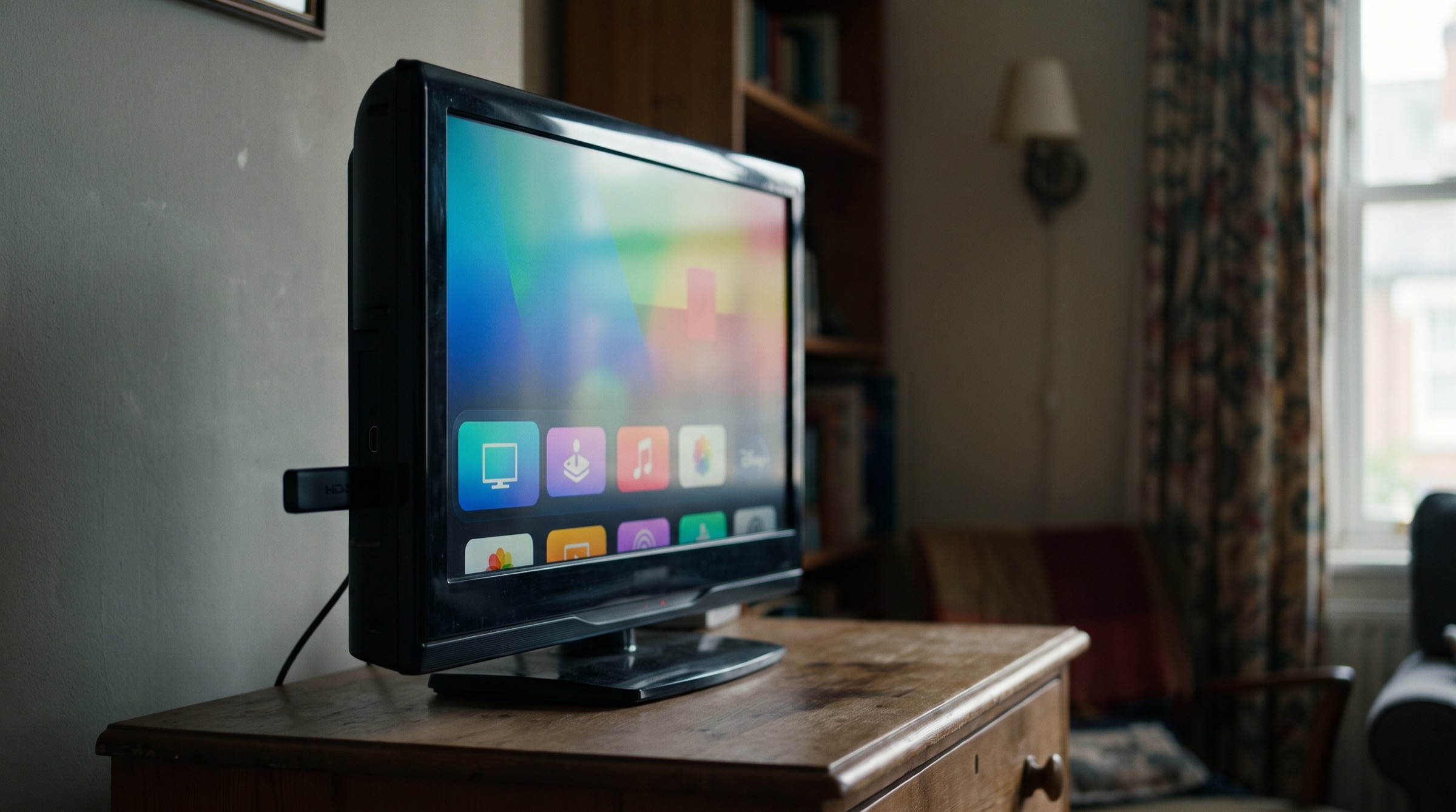 Oudere tv met kleurrijk streamingmenu in een slaapkamer