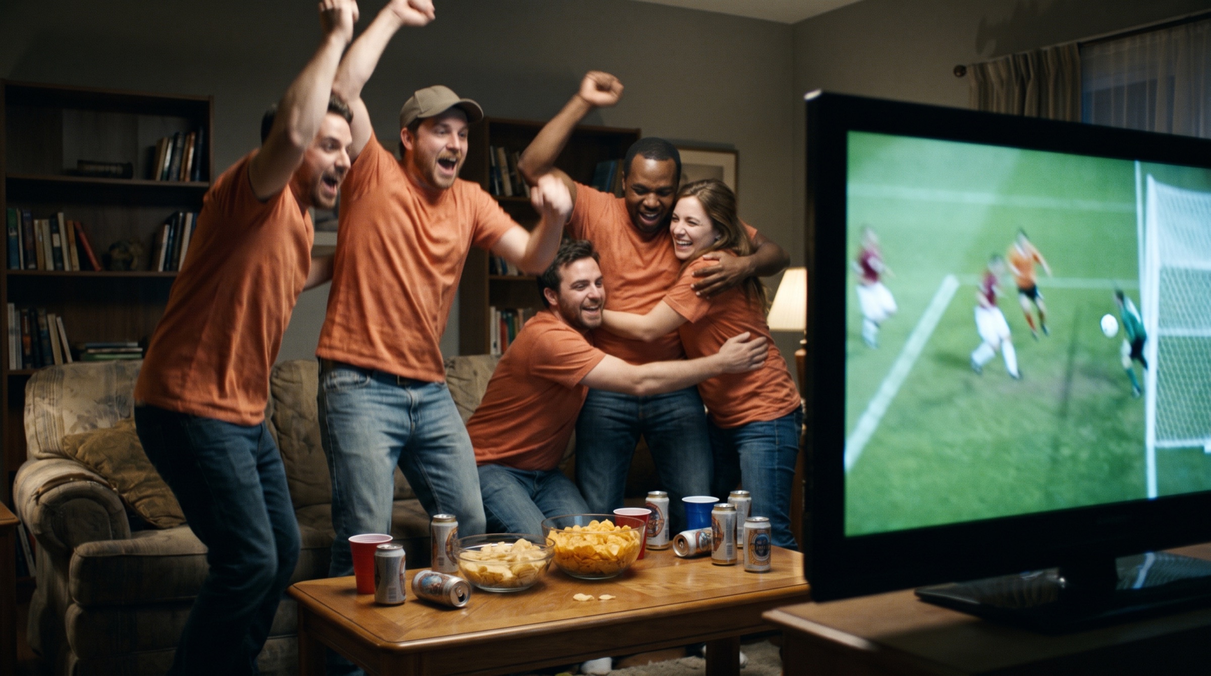 Vrienden in oranje shirts juichen voor de tv tijdens een voetbalwedstrijd