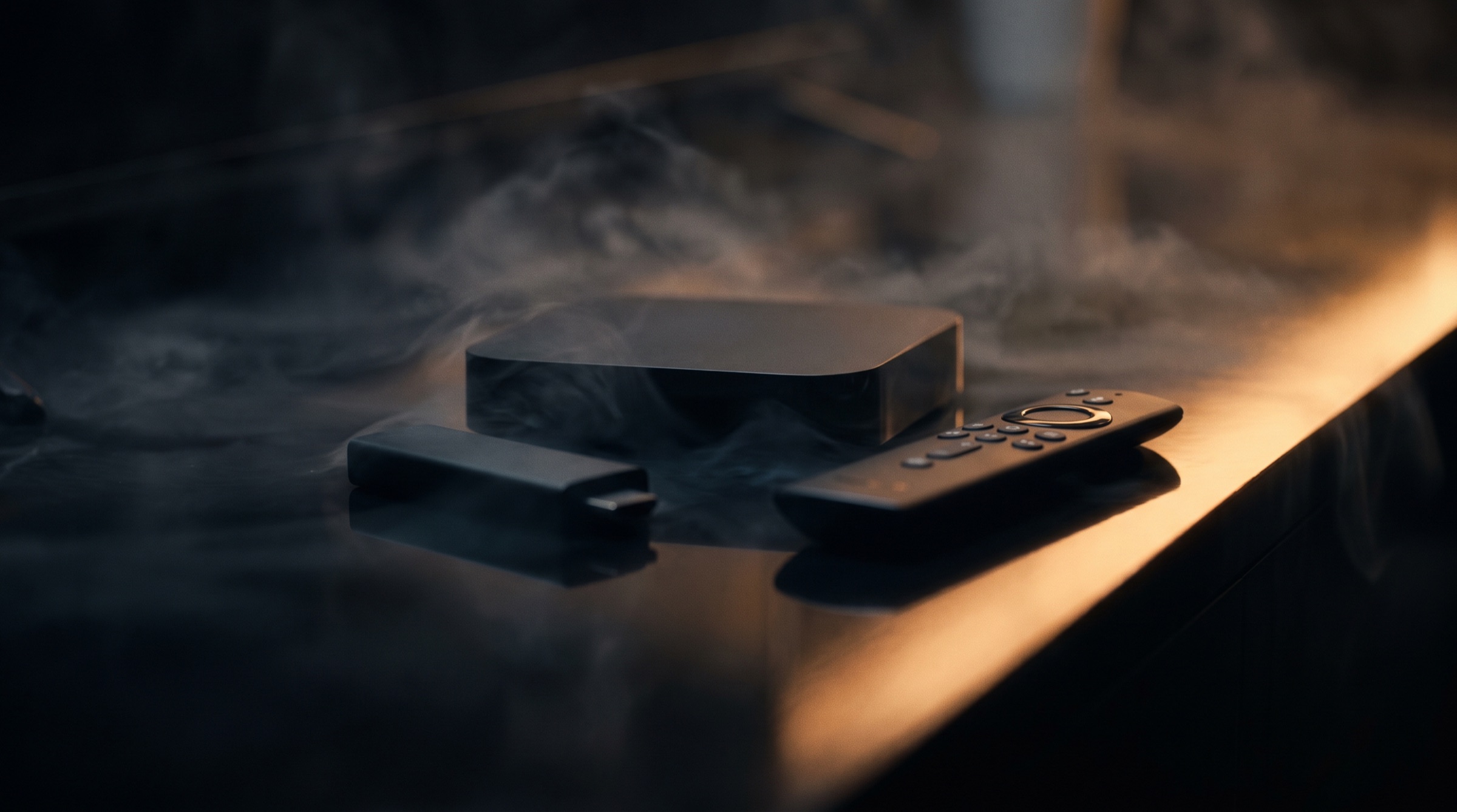 Streaming stick, tv box en afstandsbediening in dramatisch amberlicht