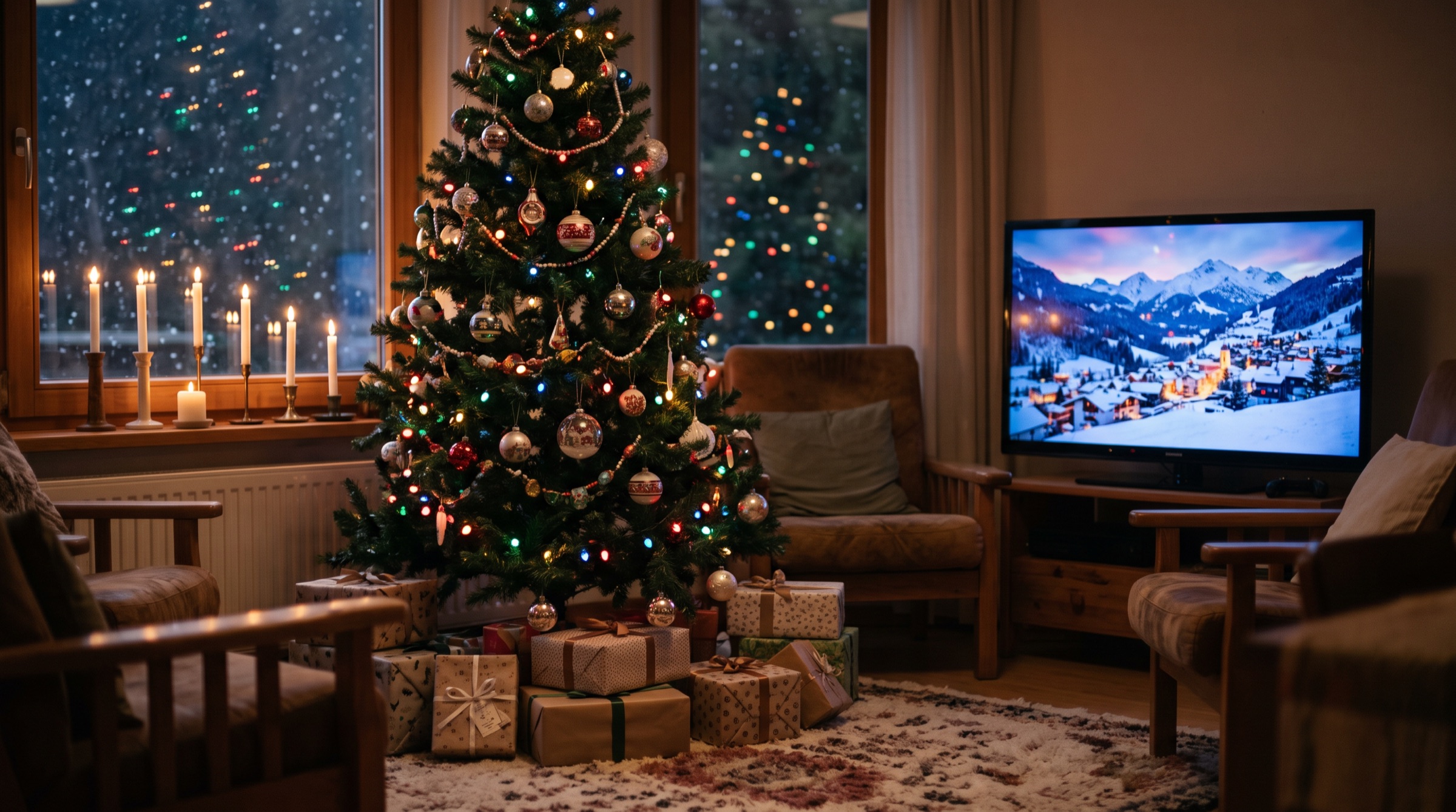 Sfeervolle woonkamer met kerstboom, cadeaus en een tv met winters beeld