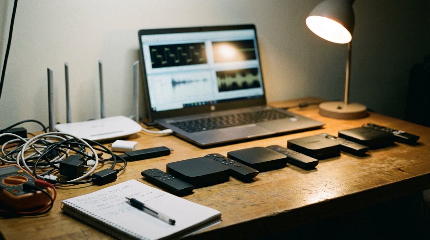 De testopstelling van Nu Streamen: streaming-apparaten, meetlaptop en wifi-router op een werkbank